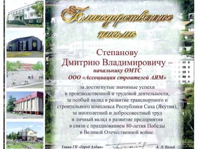 Благодарственное письмо Степанову Д. В.